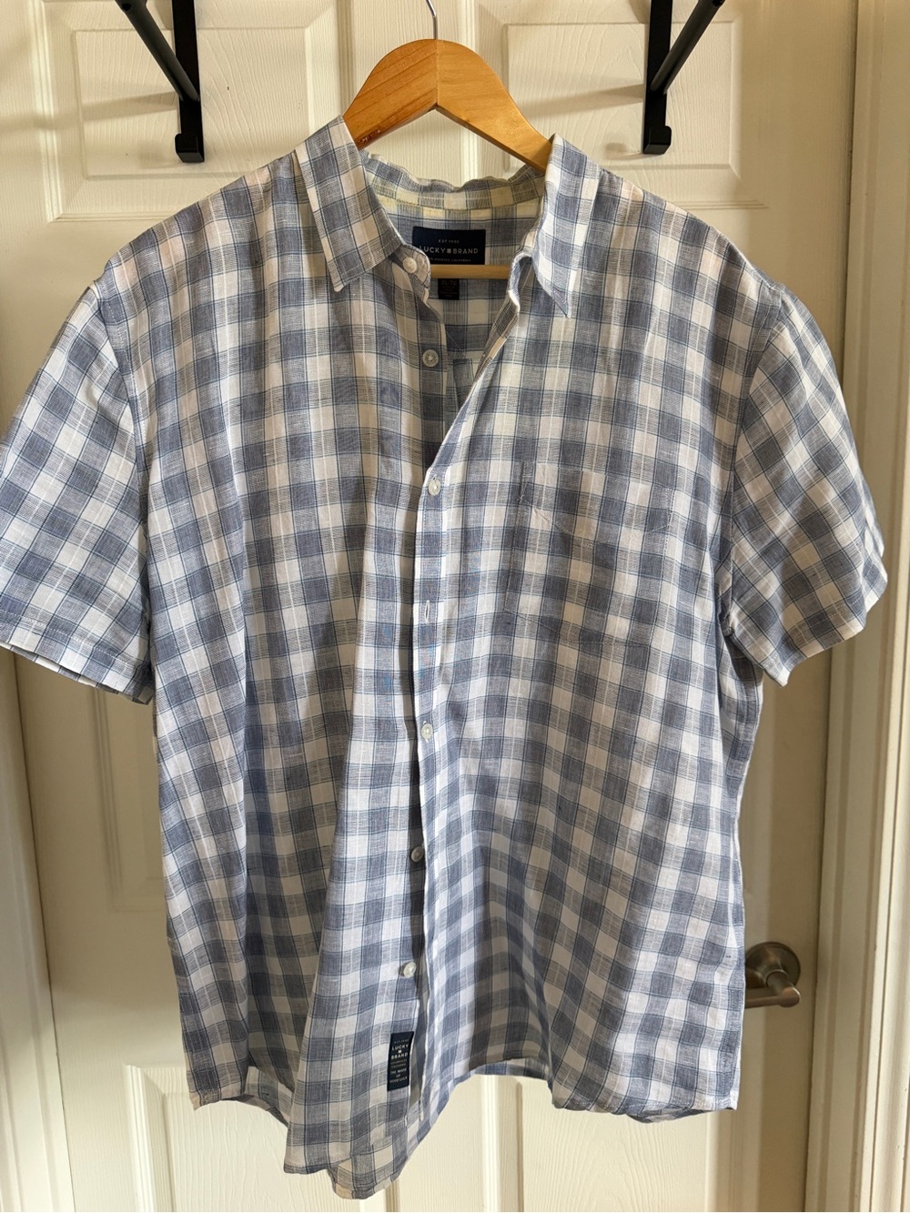 Lucky Brand Blue Plaid 100% Linen Shirt XL